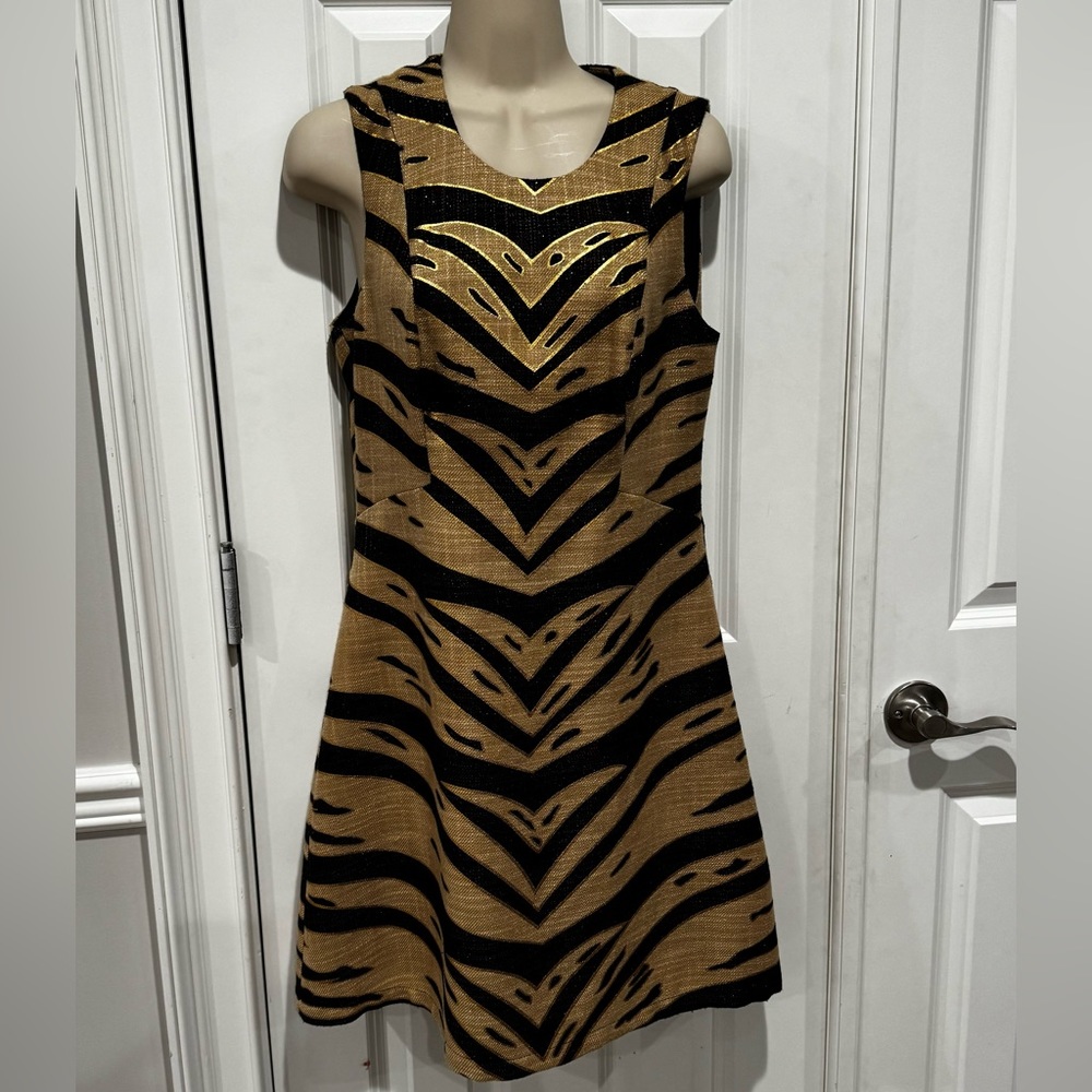 Julie Brown JB New York tiger print metallic sheath linen dress gold Sz 6